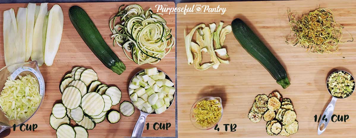 5 different zucchini projects before and after dehydrating