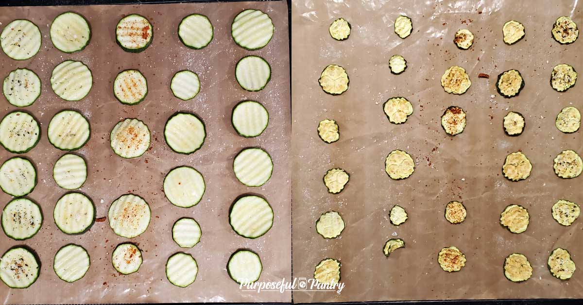 Zucchini chips before and after dehydrating