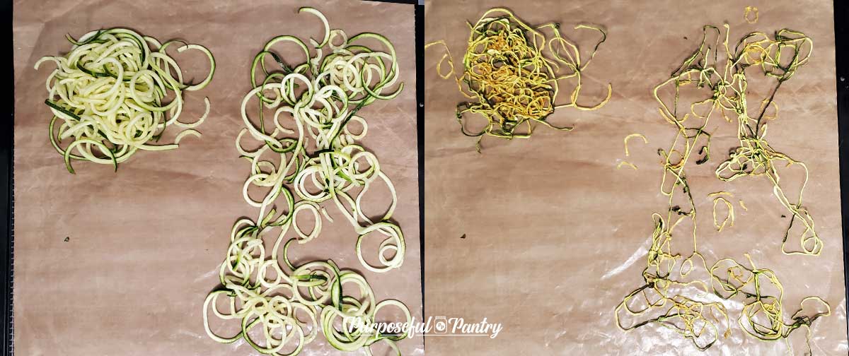 Zucchini zoodles before and after dehydrating