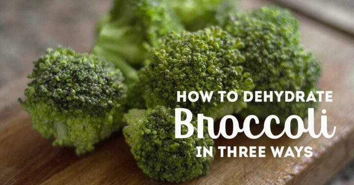 Broccoli florets on wooden table with text overlay "Dehydrate Broccoli three ways"