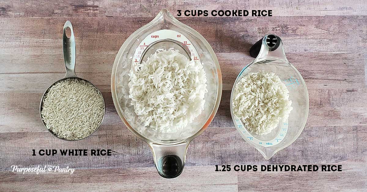 Rice in fresh and dehydrated states in different measuring utensils on a wooden surface. 