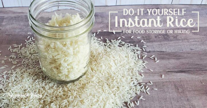 Dehydrated rice in a canning jar with fresh rice on the wooden surface