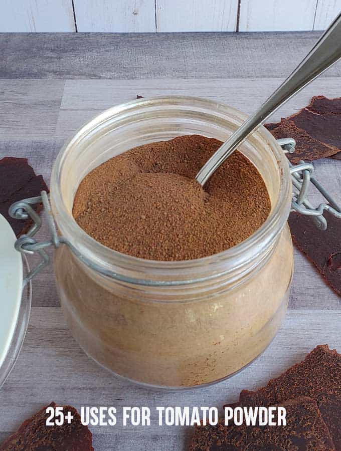 Jar of tomato powder with text: Ways to Use Tomato Powder