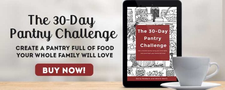 tablet with 30 Day Pantry Challenge book cover on a table with a cup of coffee and buy now text