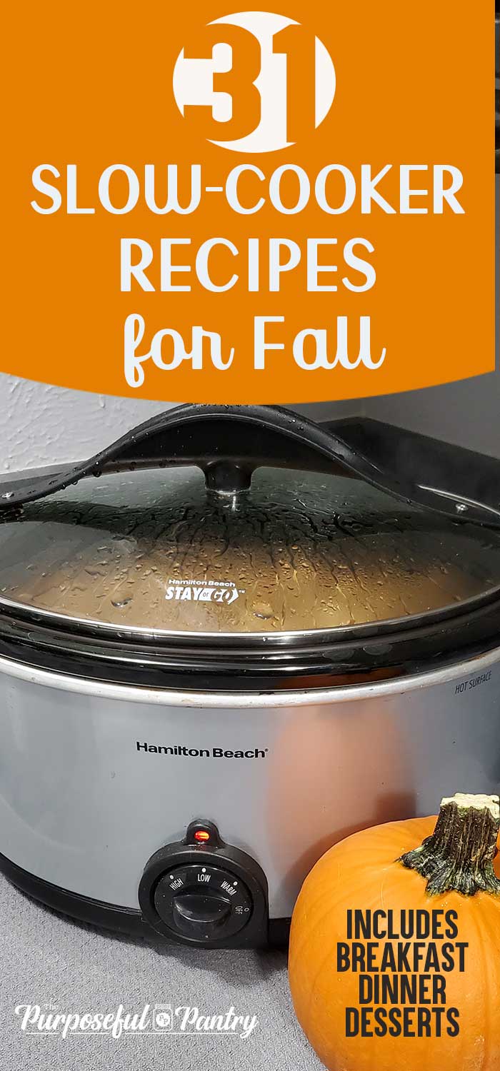 Slow cooker on gray countertop with pumpkin