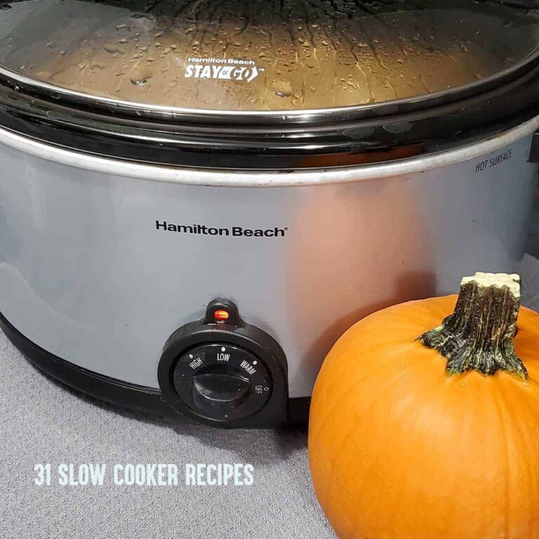 Slow cooker on the countertop with a pumpkin