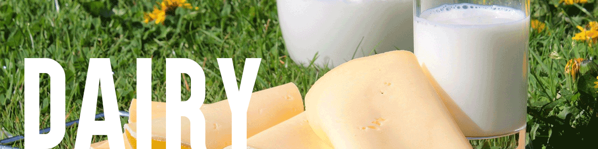 cheese and glasses of milk on a grass field