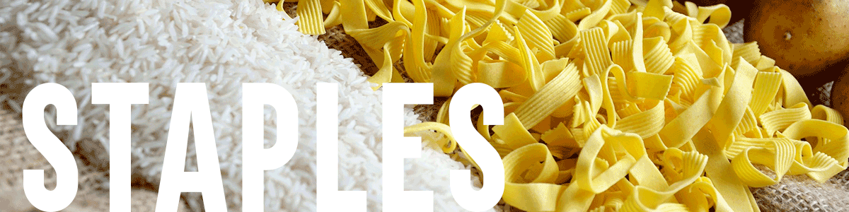 rice and noodles displayed in mounds on a table.