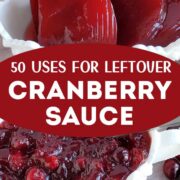 Jellied cranberry sauce in a white container with whole berry cranberry sauce in another white container with fresh cranberries scattered on a wooden background.