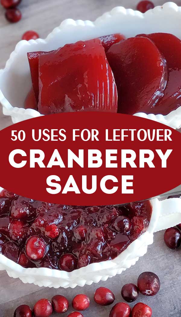 Jellied cranberry sauce in a white container with whole berry cranberry sauce in another white container with fresh cranberries scattered on a wooden background. 