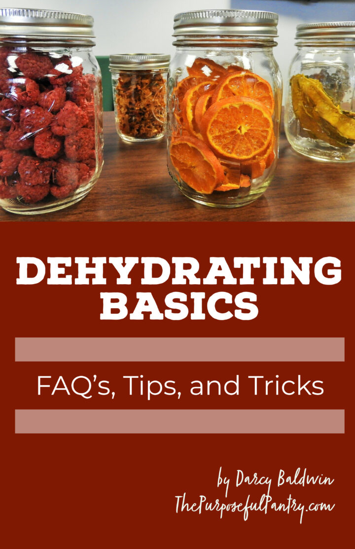 Dehydrating Basics: FAQ's, Tips and Tricks book cover with dehydrated foods in jars