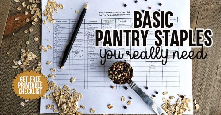 Pantry checklist with assorted cooking ingredients scattered