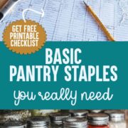 Pantry checklist with assorted cooking ingredients scattered