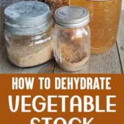 Jars of dehydrated vegetables, broth and powders on wooden background