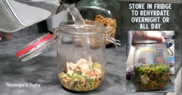 Dehydrated vegetables in a glass container soaking in water to rehydrate