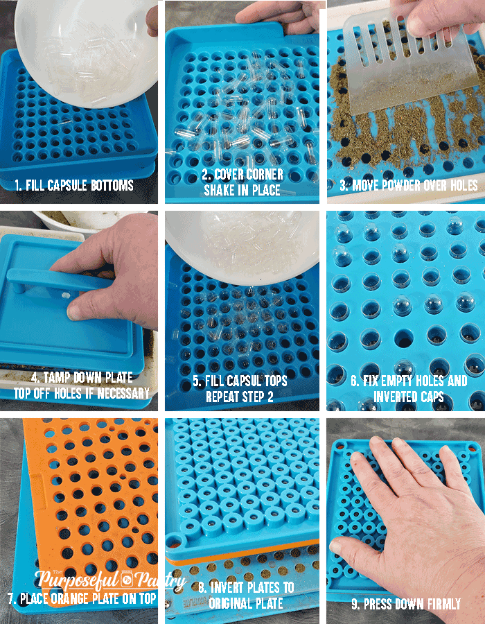 Step by Step grid instructions to fill a capsule machine