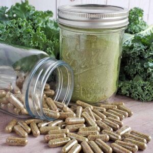 A jar of vegetable powder on a wooden table.