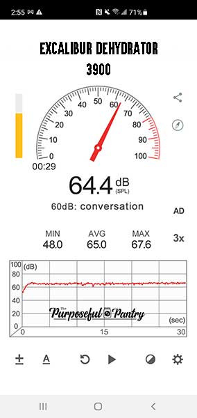 Screenshot using the Sound Meter app showing the decibel level of an Excalibur Dehydrator