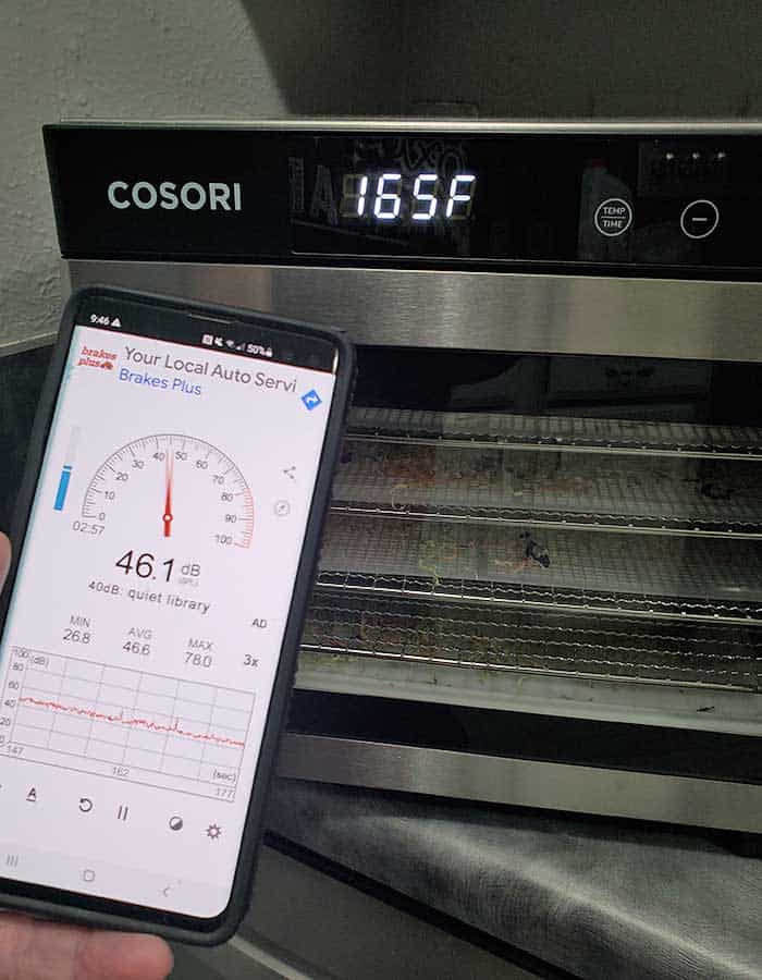 Cosori Dehydrator and the Sound Meter app on a Samsung Galaxy s10 phone to test the decibel level of dehydrator