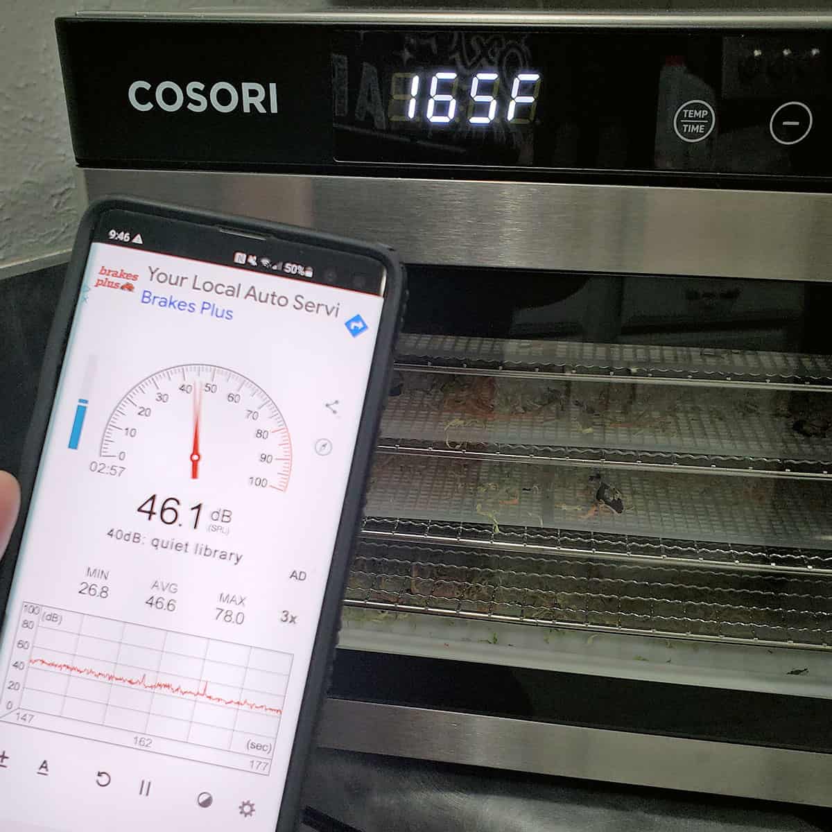 Decibel app testing a Cosori Dehydrator's loudness factor