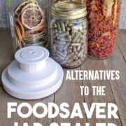 Dehydrated food in jars with a Foodsaver Vacuum Saler Jar Attachment on a wooden surface