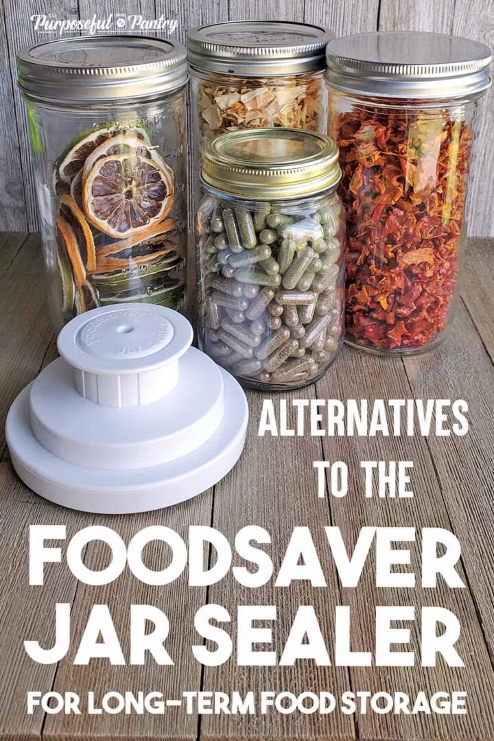 Dehydrated food in jars with a Foodsaver Vacuum Saler Jar Attachment on a wooden surface