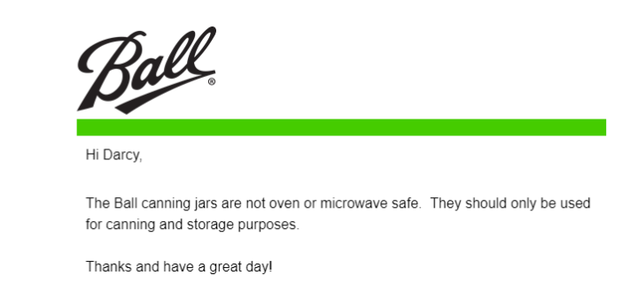 screen shot image of Ball Canning jars mail explaining jars should not be in oven