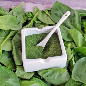Fresh spinach as a bed or a white dish full of spinach green powder