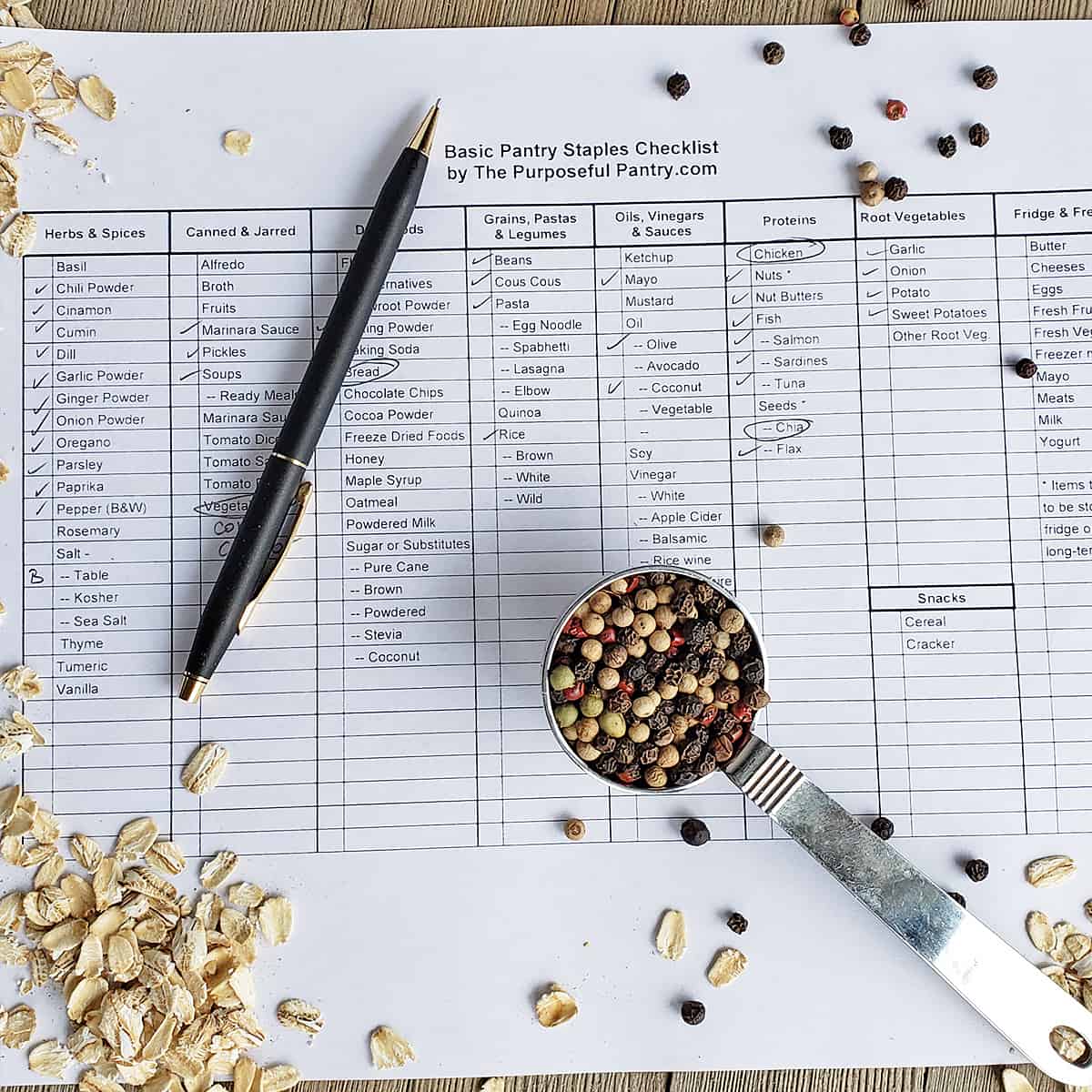 Pantry list on a table with scattered pantry staples, a pen, and a measuring spoon of peppercorns