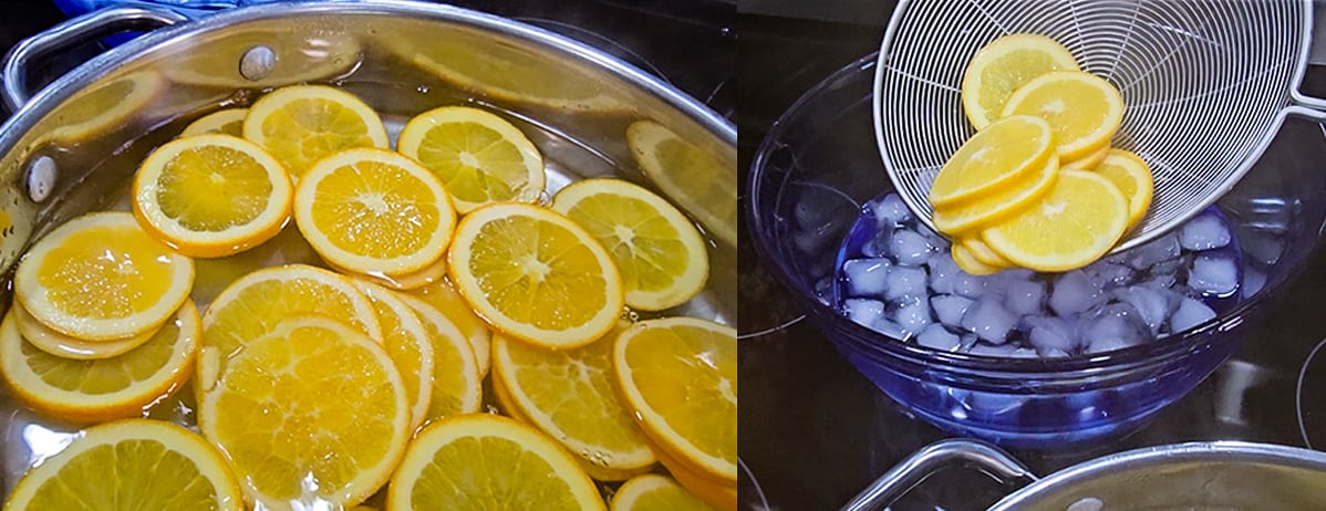 Two pictures of dehydrated orange slices in a pot with ice.