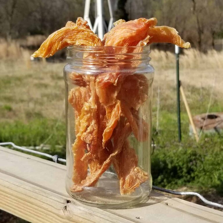 Chicken Jerky for Dogs in a mason jar on a wooden fence ledge