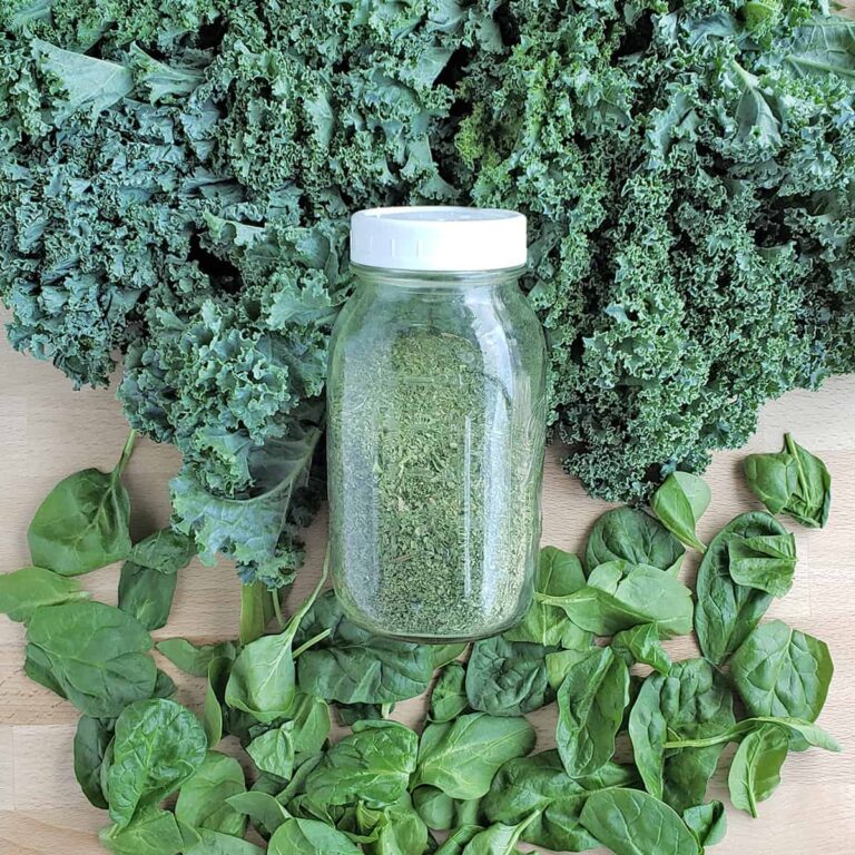 Jar of dehydrated green powder laying on a bed of kale and spinach