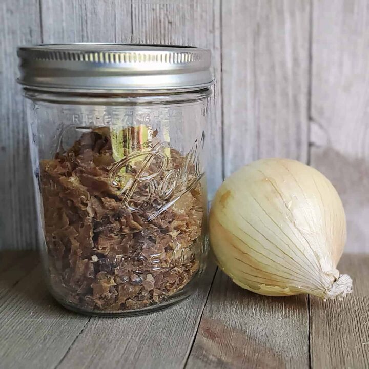 Mason jar of dehydrated caramelized onion with a fresh onion on a wooden surface