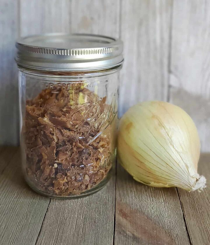 Mason jar of dehydrated caramelized onion with a fresh onion on a wooden surface