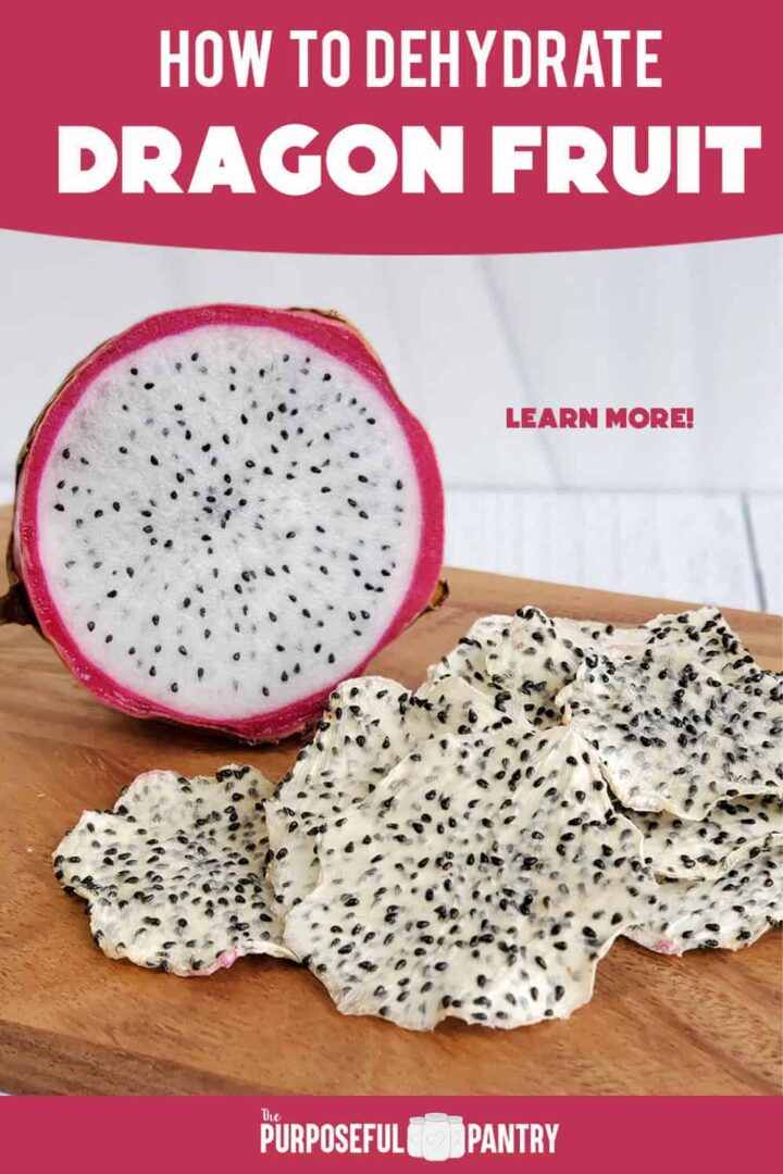 Fresh dragon fruit next to a pile of dehydrated dragon fruit (pitaya) chips on a wooden surface