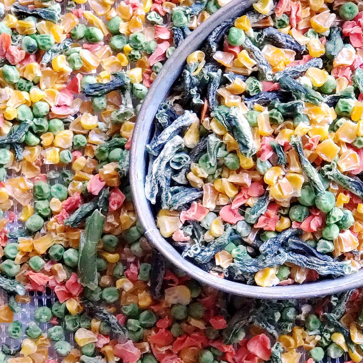 piles of dehydrated frozen vegetables in a bucket