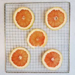 Grapefruit slices on a dehydrator tray.