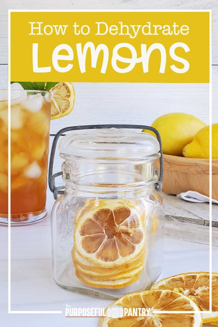 Dried lemon slices in a jar, on the table, and one in a glass of iced tea.