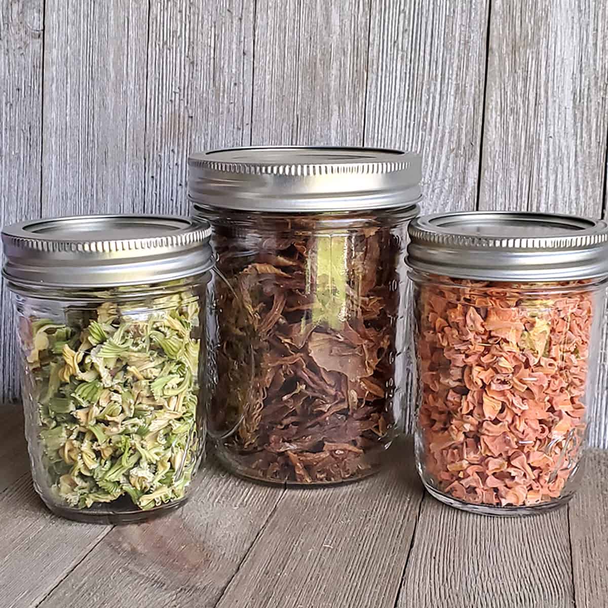 Jars of dried celery, onions and carrots on wooden backgrounds