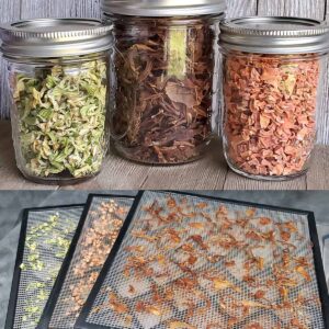 Jars of dried celery, onions and carrots on wooden backgrounds