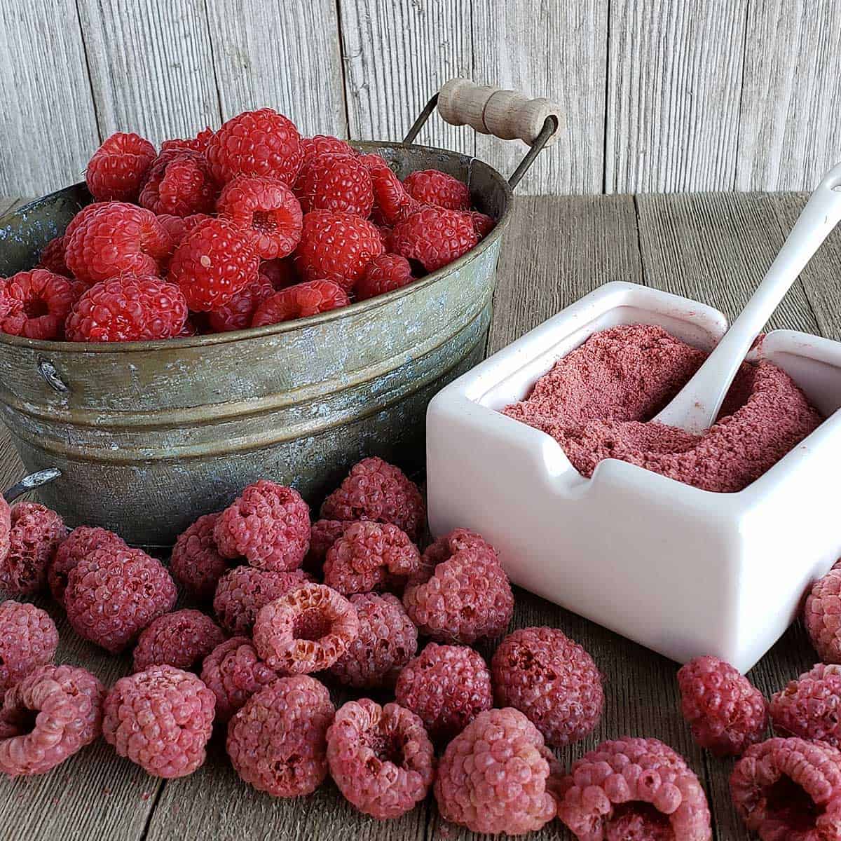 A diplay of fresh raspberries, dried raspberries and raspberry powder on a wooden surface in various serving dishes
