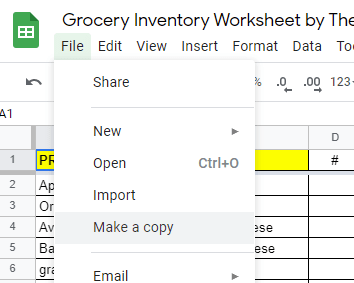 Screen shot of how to make a copy of a Google sheet to keep for yourself.
