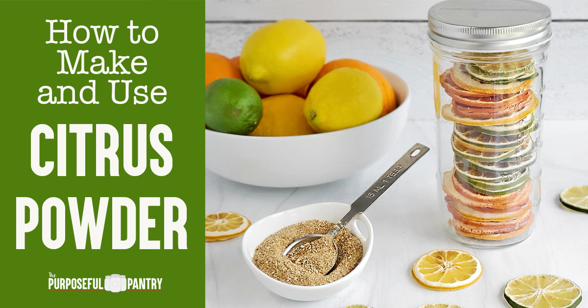 Canning jar of dried citrus slices, a dish of citrus powder and a bowl of citrus in the background.