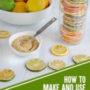 Canning jar of dried citrus slices, a dish of citrus powder and a bowl of citrus in the background.