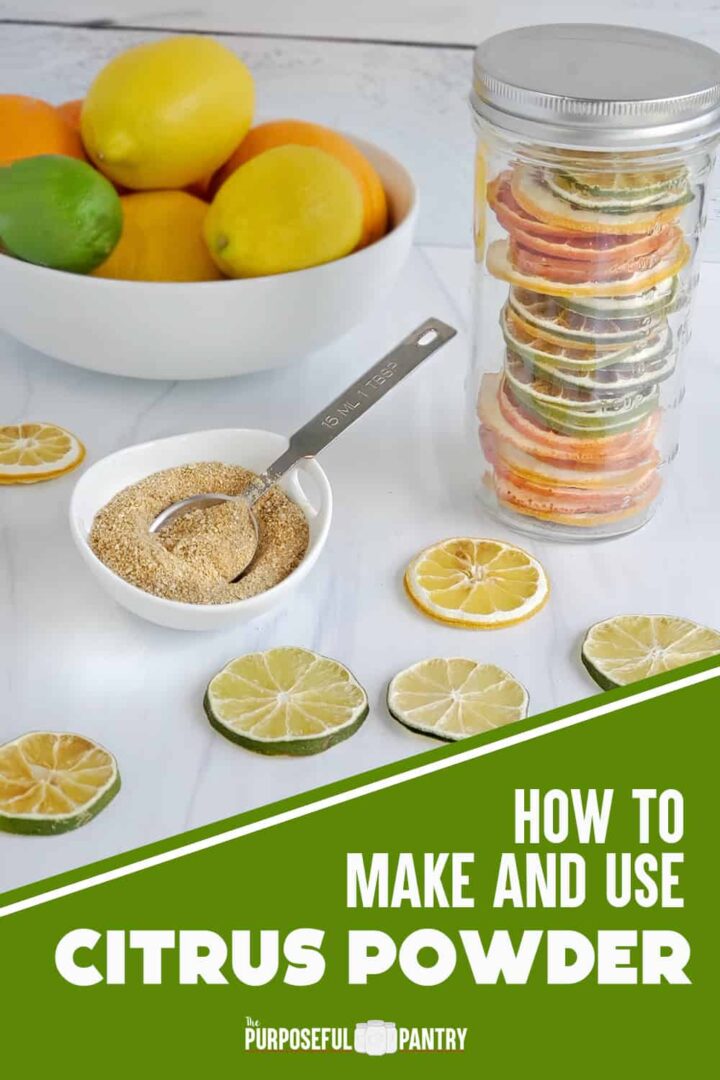 Canning jar of dried citrus slices, a dish of citrus powder and a bowl of citrus in the background.