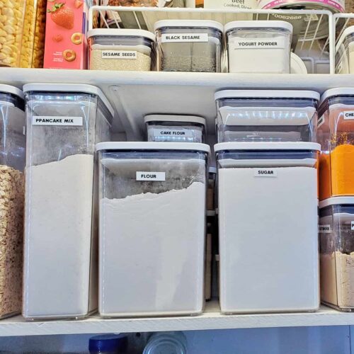 Organized Pantry essentials for long term food storage in OXO Pop containers