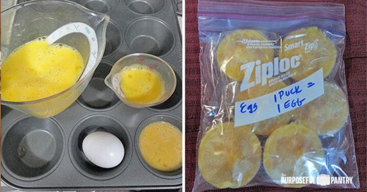 Eggs being poured into muffin tins to freeze for preserving