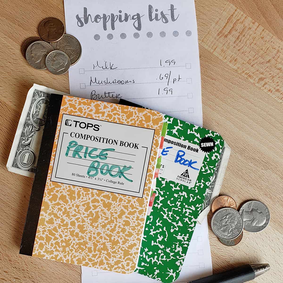 2 small price book examples on a table with scattered money and a shopping list