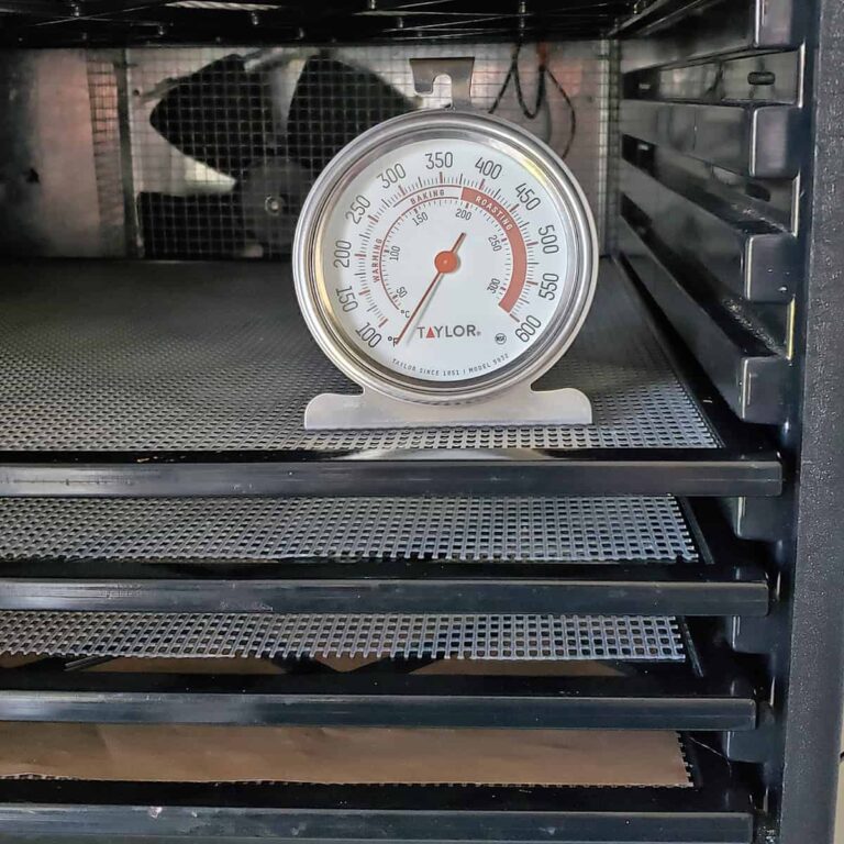Oven thermometer inside an Excalibur dehydrator to test the temperature