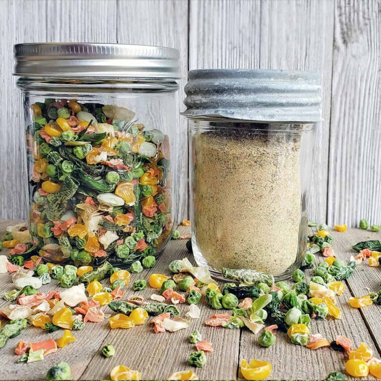Jar of dried frozen vegetables next to a jar of dried vegetable powder on wooden background